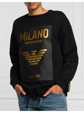 Emporio Armani Black Sweatshirt with Metallic Gold Milano Print